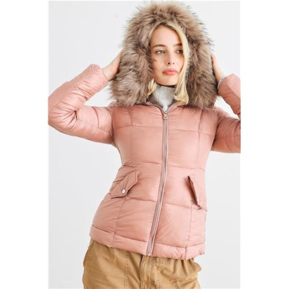Mauve Long Sleeve Faux Fur Hood Padded Water Resistant Finish Jacket For Women